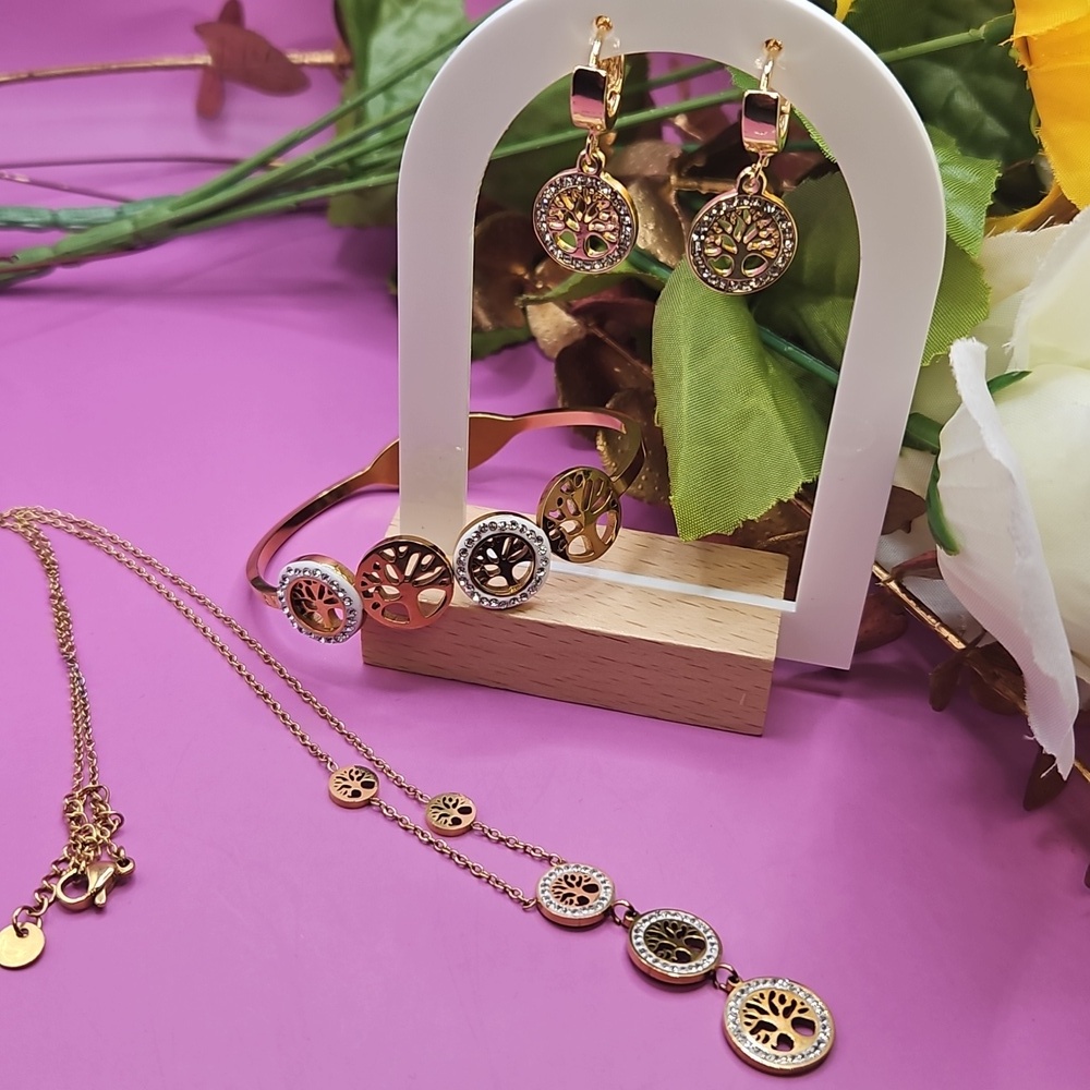 Tree Of Life 3 Piece Jewelry Set Gold White Trim Necklace Earrings Bracelet NEW